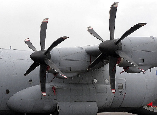  The feathered propellers of an RAF Hercules C.4. 
